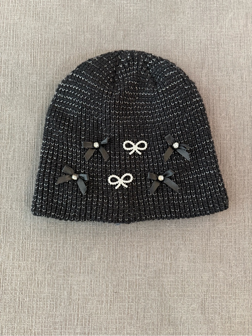 Girls Black Knit Beanie with Bow and Rhinestone Accents